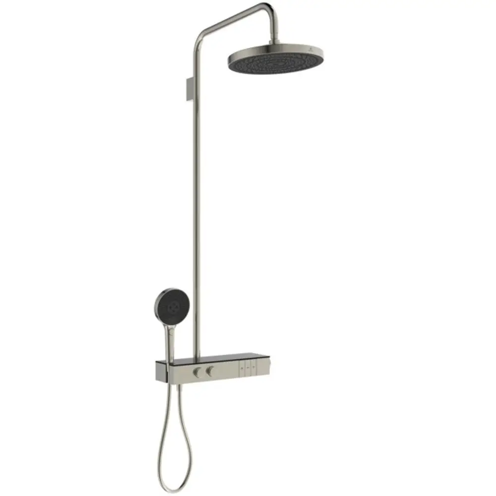 Duschsystem von Ideal Standard mit Brausethermostat, bestehend aus einer Kopfbrause und einer Handbrause an einem stabilen Metallgestell.
